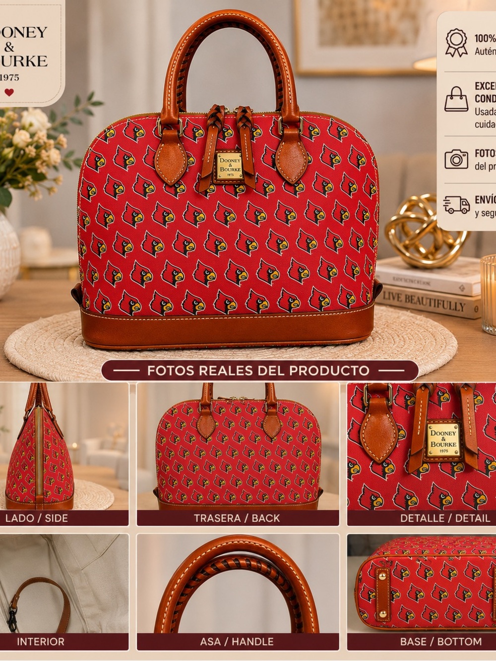 Dooney & Bourke Red Cardinal Print Dome Satchel with Brown Trim